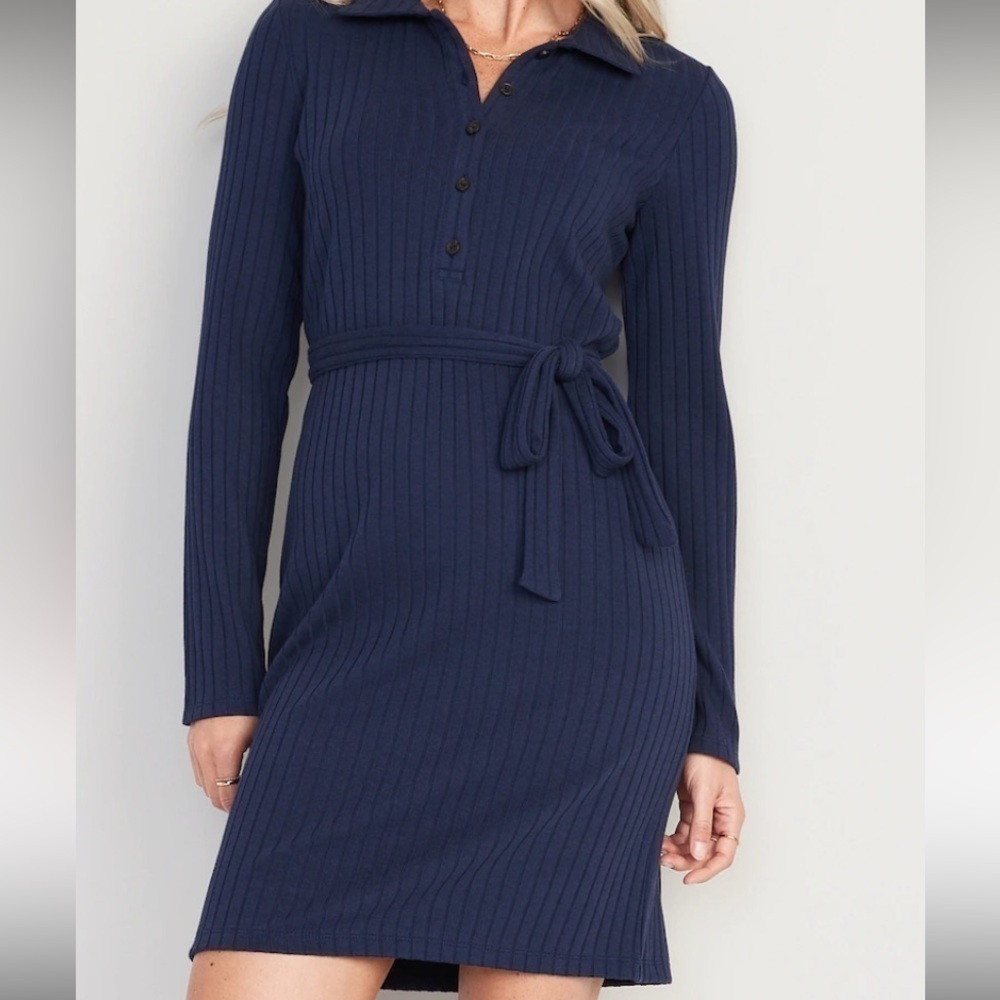 Fitted Rib-Knit Tie-Belt Long-Sleeve Mini Polo Dress for Women 2X